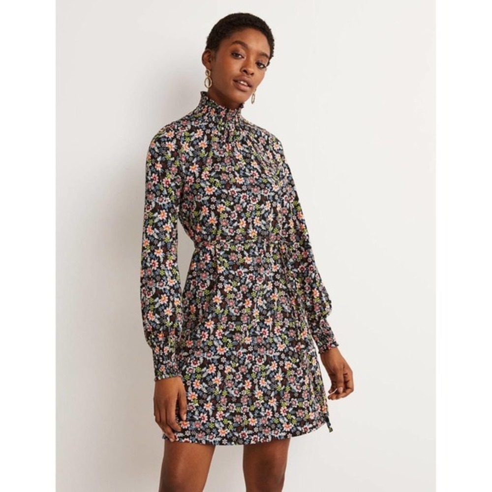BODEN Floral Shift Dress Black Opulent Leaf Tie Waist Smocked 16 18 Tall Long - Picture 1 of 16